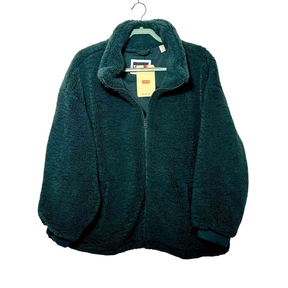 NEW Levi’s Zip Up Jacket Long Sleeved Green Faux Fur Winter Cozy Preppy Holiday